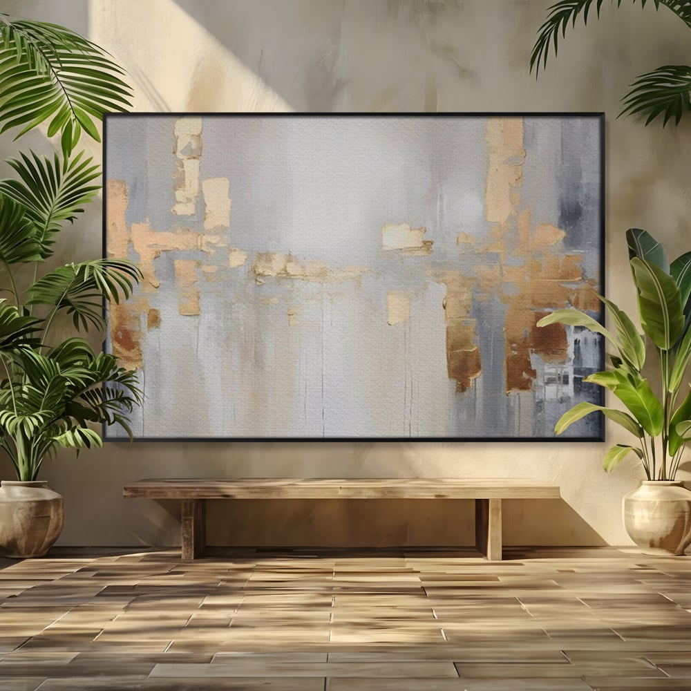 Tablou canvas cu pictura abstracta cu pete aurii si gri, in rama de aluminiu negru